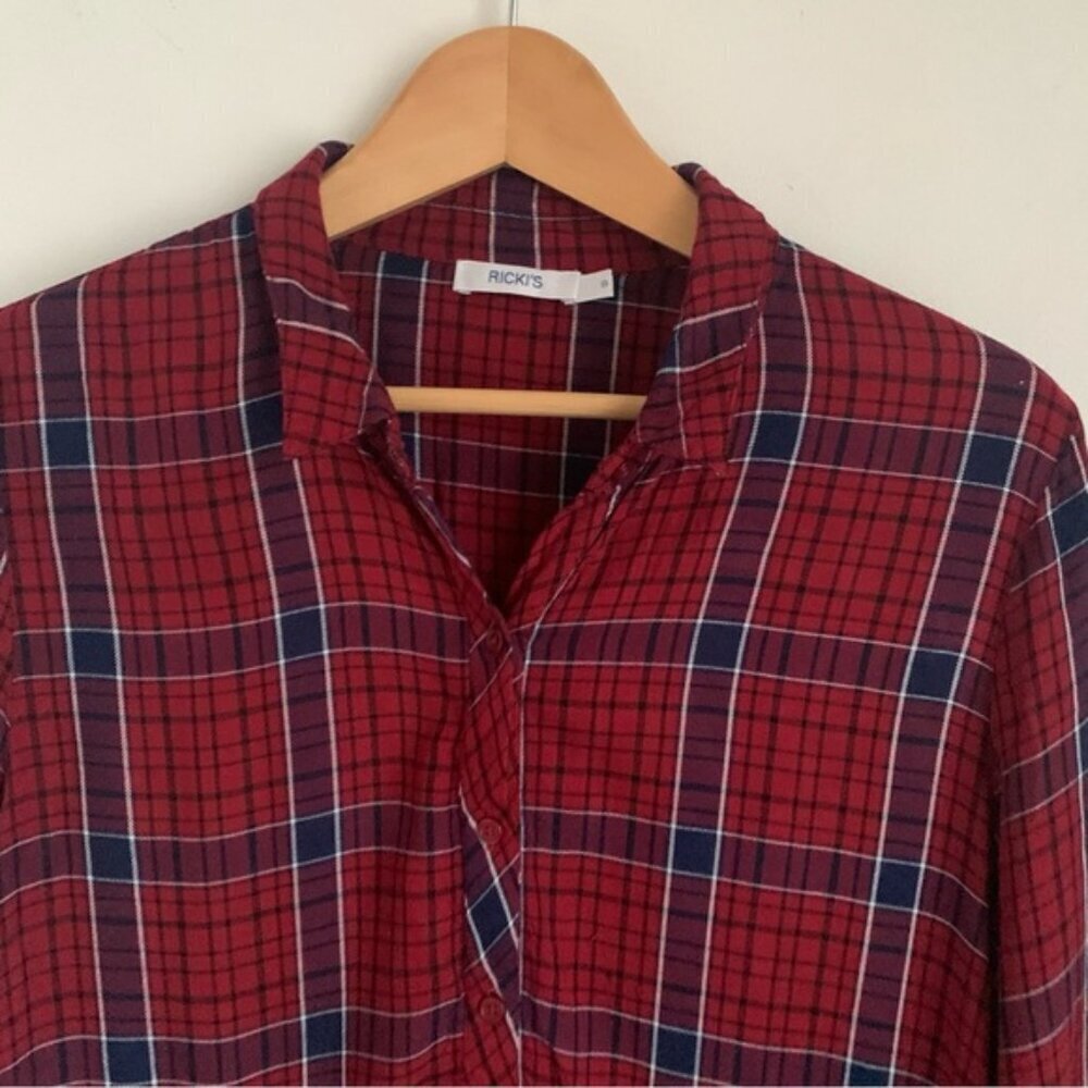 Rickis Burgundy Plaid Babydoll Peplum Shirt Blouse - Picture 4 of 8